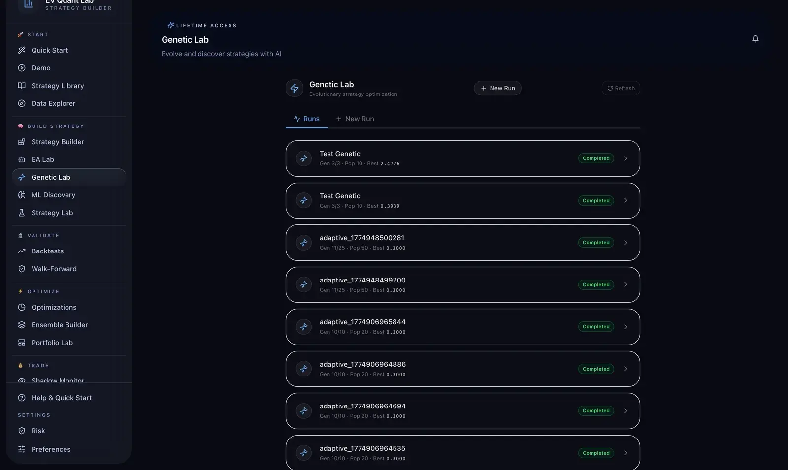Genetic Lab run list showing generations, population size and best score
