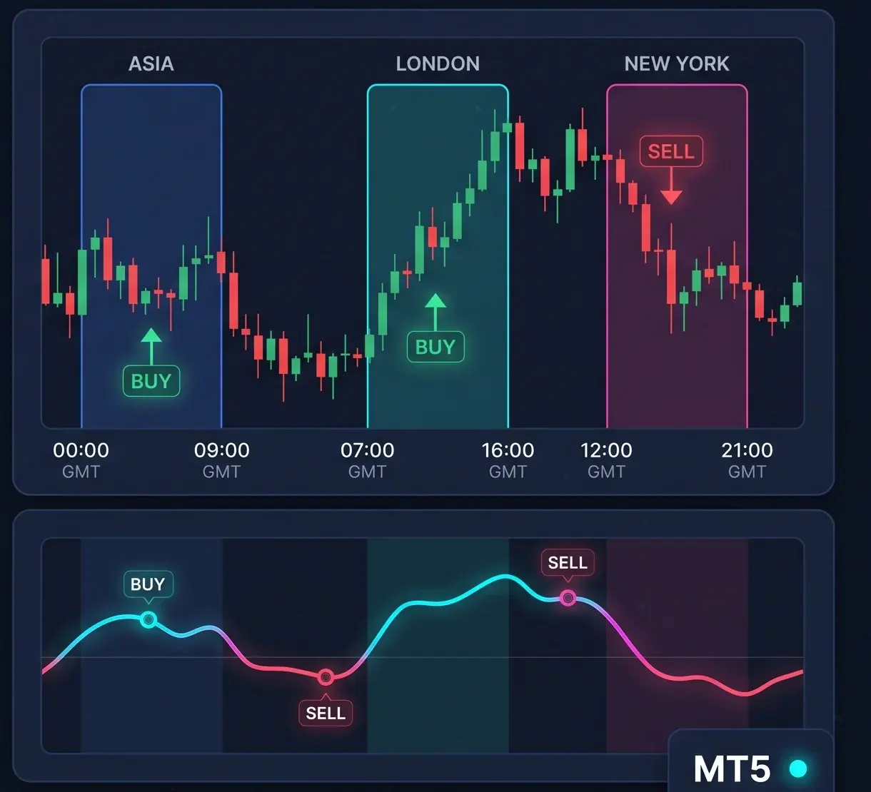 EV Killzone on an MT5 chart: Asia, London and New York session windows marked in GMT with buy and sell entries.